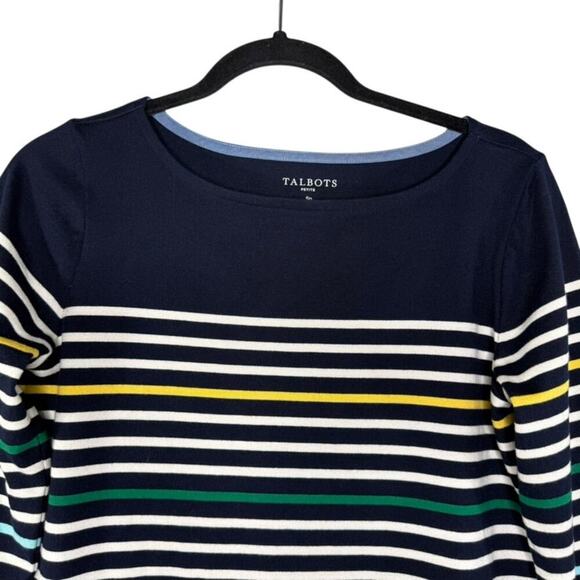 Talbots Navy Stripe Cotton Long Sleeve Tee Top - Size Small Petite - Preppy - Picture 2 of 9